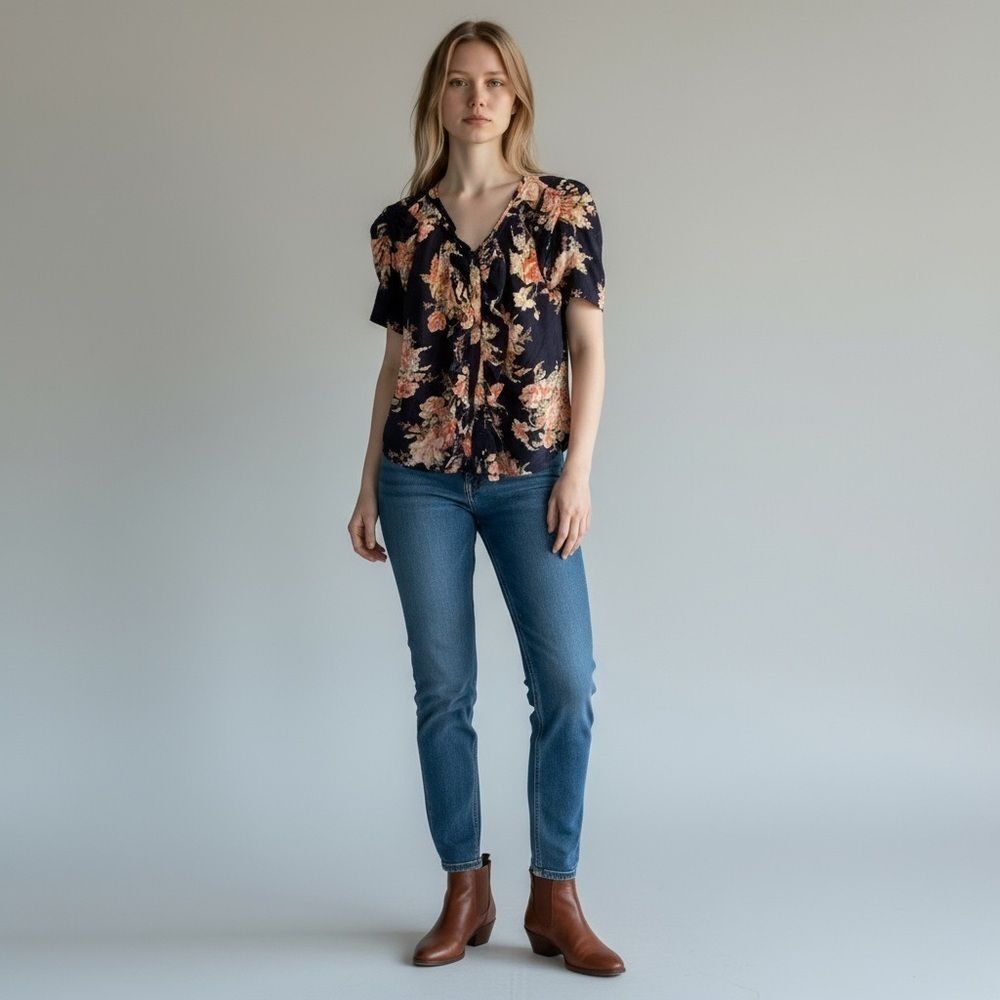 Vintage Joie Floral Blouse in Navy and Pink